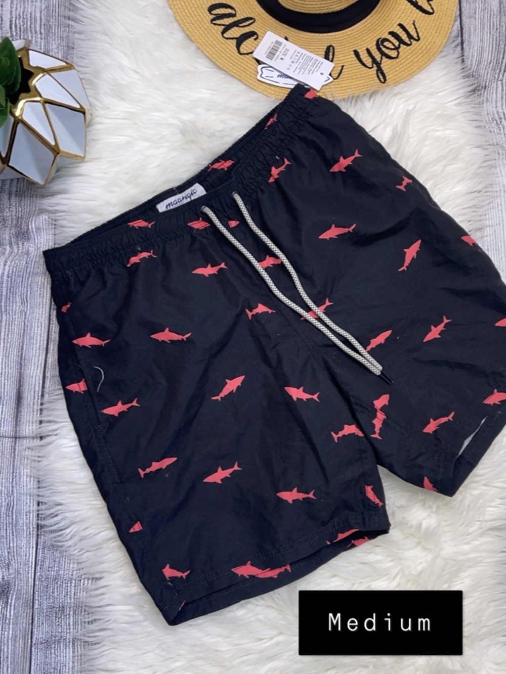 Men's Shark Print Swim Shorts - Black with Coral Sharks